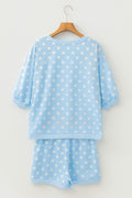 Sky Blue Polka Dot Oversized Top Drawstring Short Set