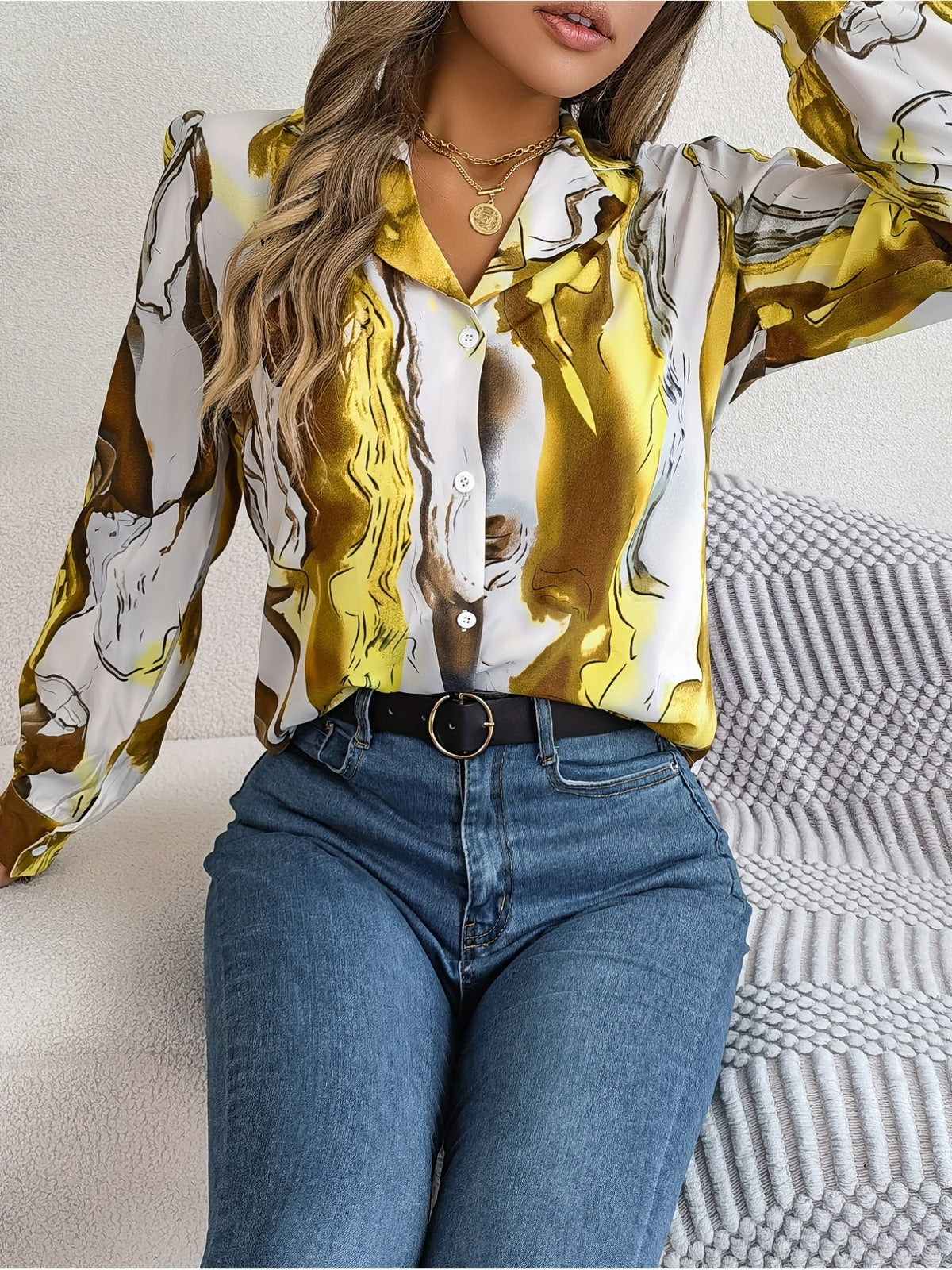 Graphic Print Button Front Shirt, Casual Long Sleeve Shirt