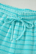 Sky Blue Stripe Raised Rib Loose Tee Drawstring Elastic Waist 2pcs Short Set