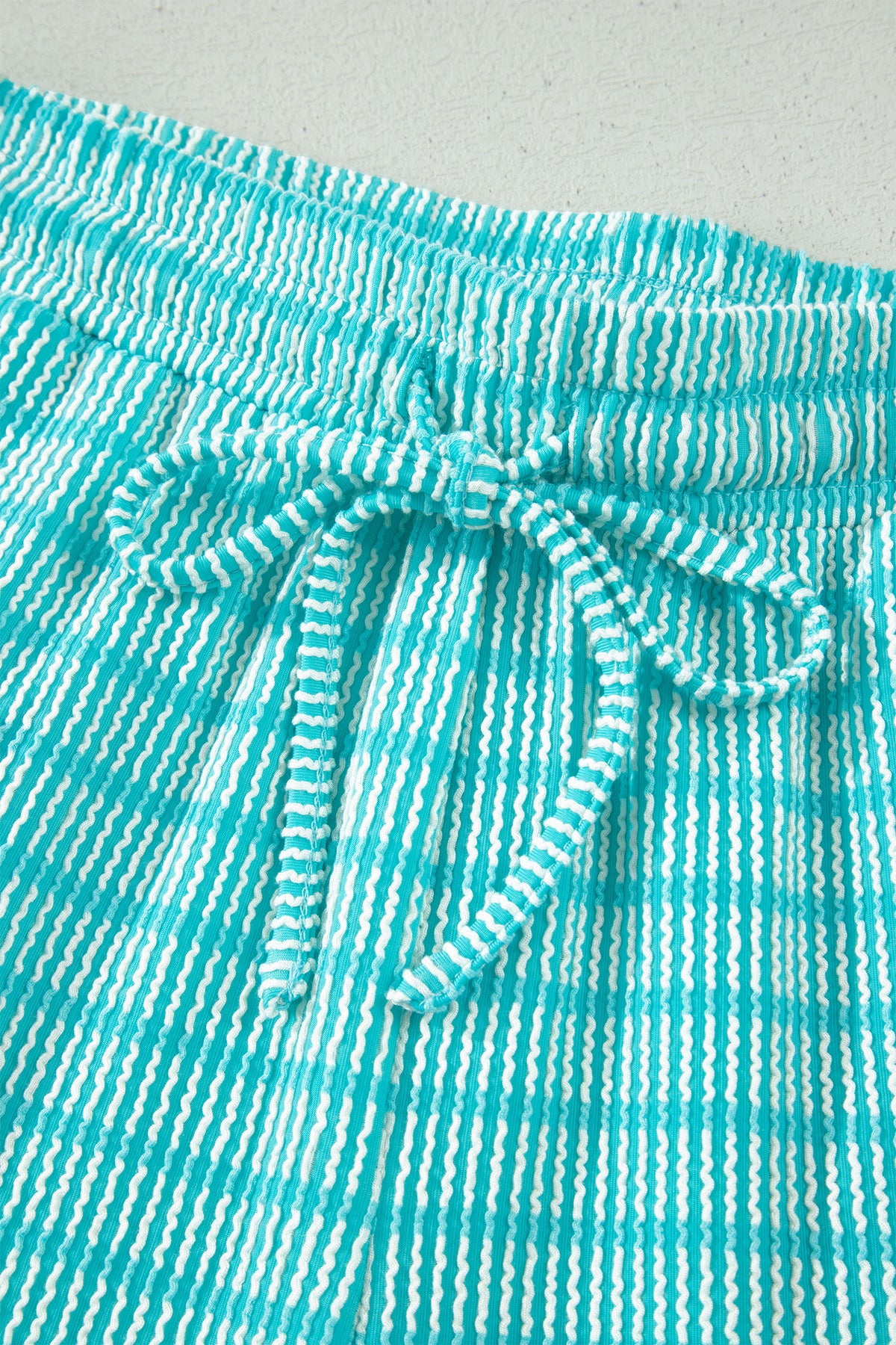 Sky Blue Stripe Raised Rib Loose Tee Drawstring Elastic Waist 2pcs Short Set