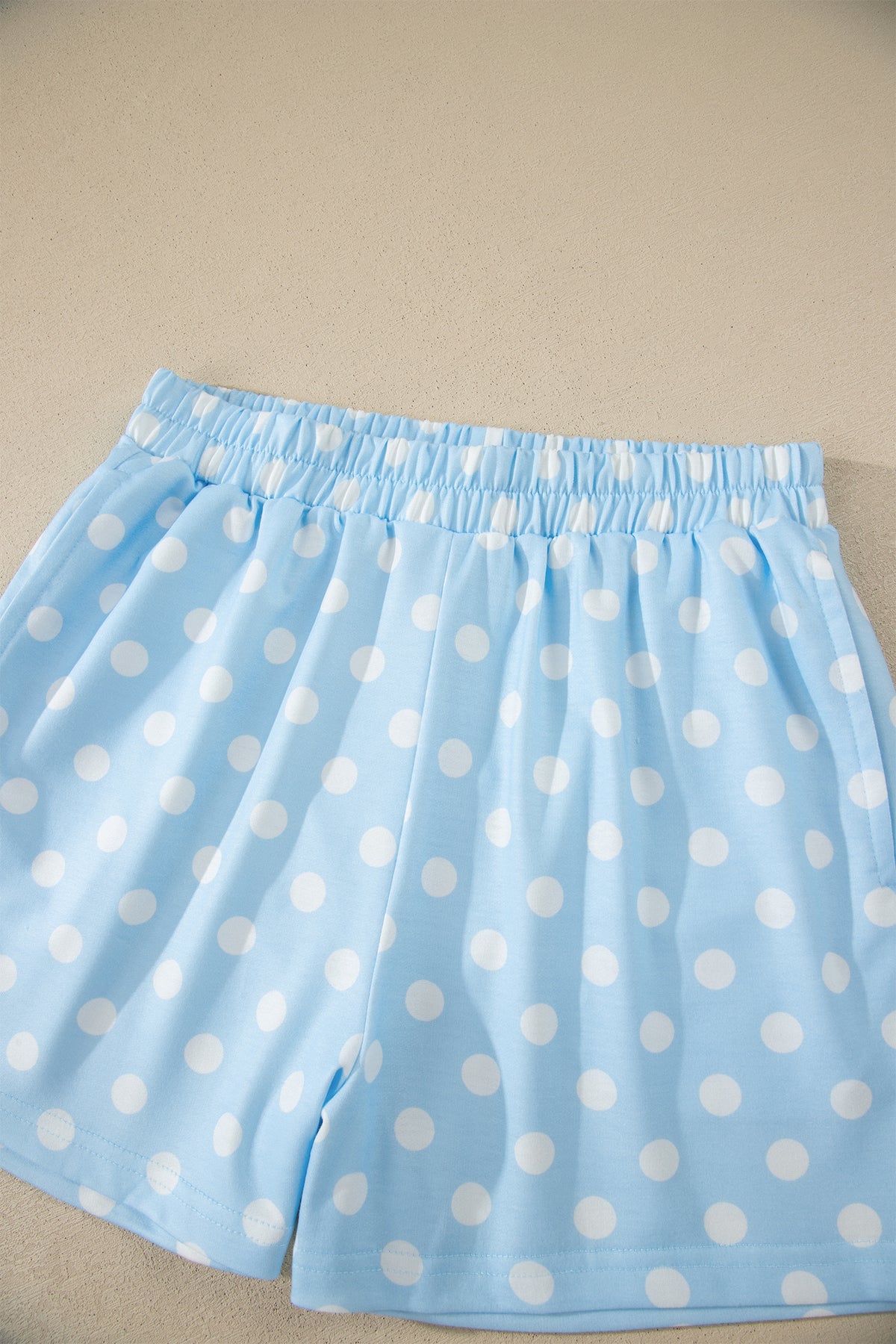Sky Blue Polka Dot Print Color Block Trim Mock Neck Short Set