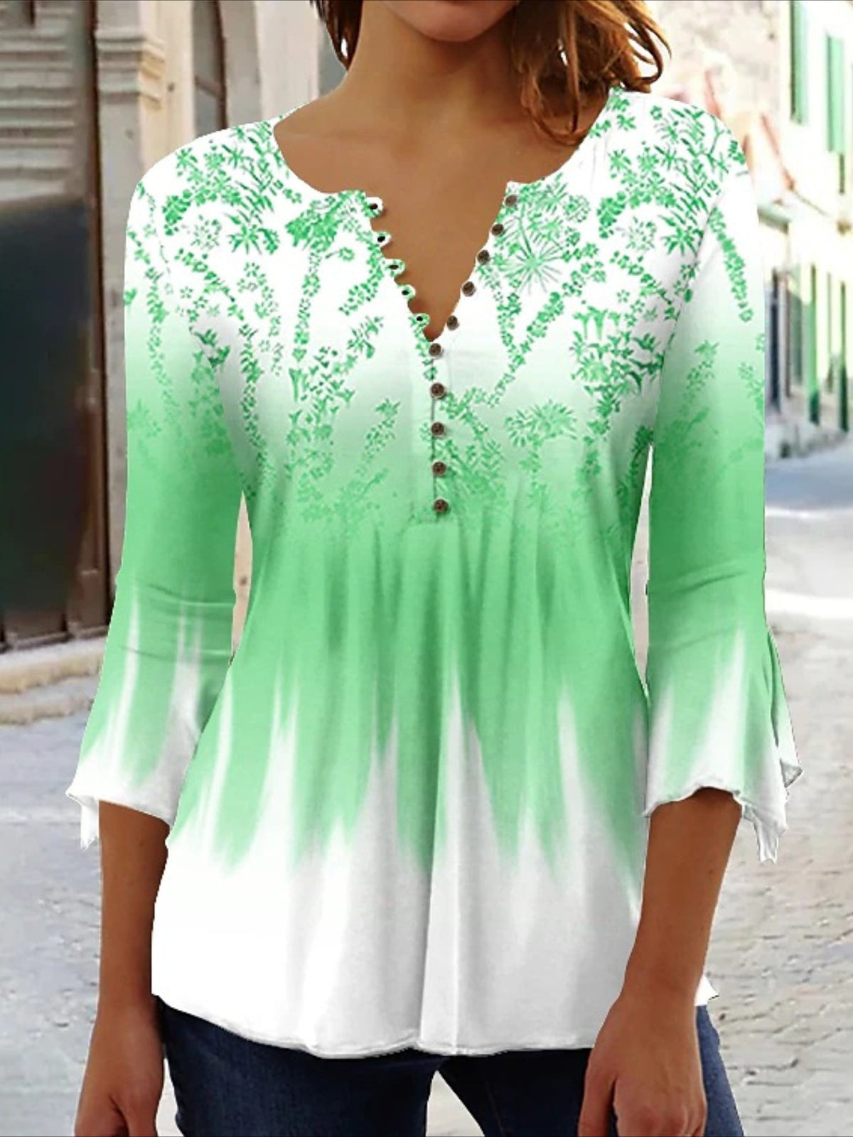 Casual Floral Print V-Neck 3/4 Sleeves Blouse