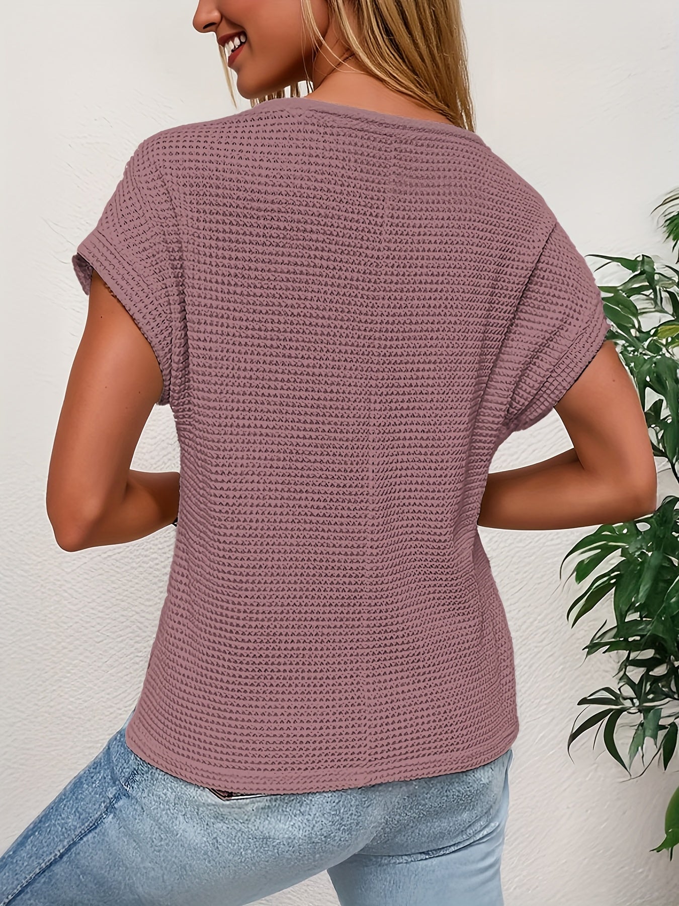 Casual Crew Neck Waffle Loose Solid Color Tops