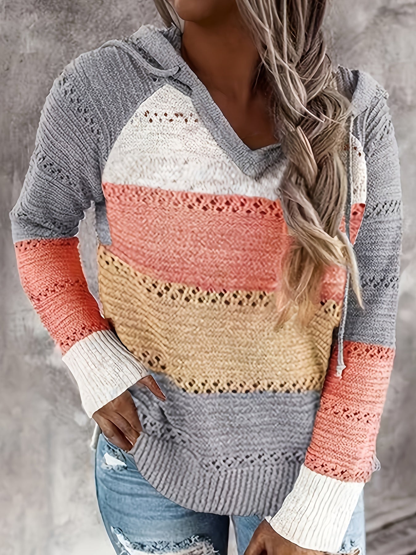 Women's Vacation-Ready Color Block Hooded Knit Sweater