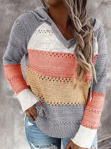 Women's Vacation-Ready Color Block Hooded Knit Sweater