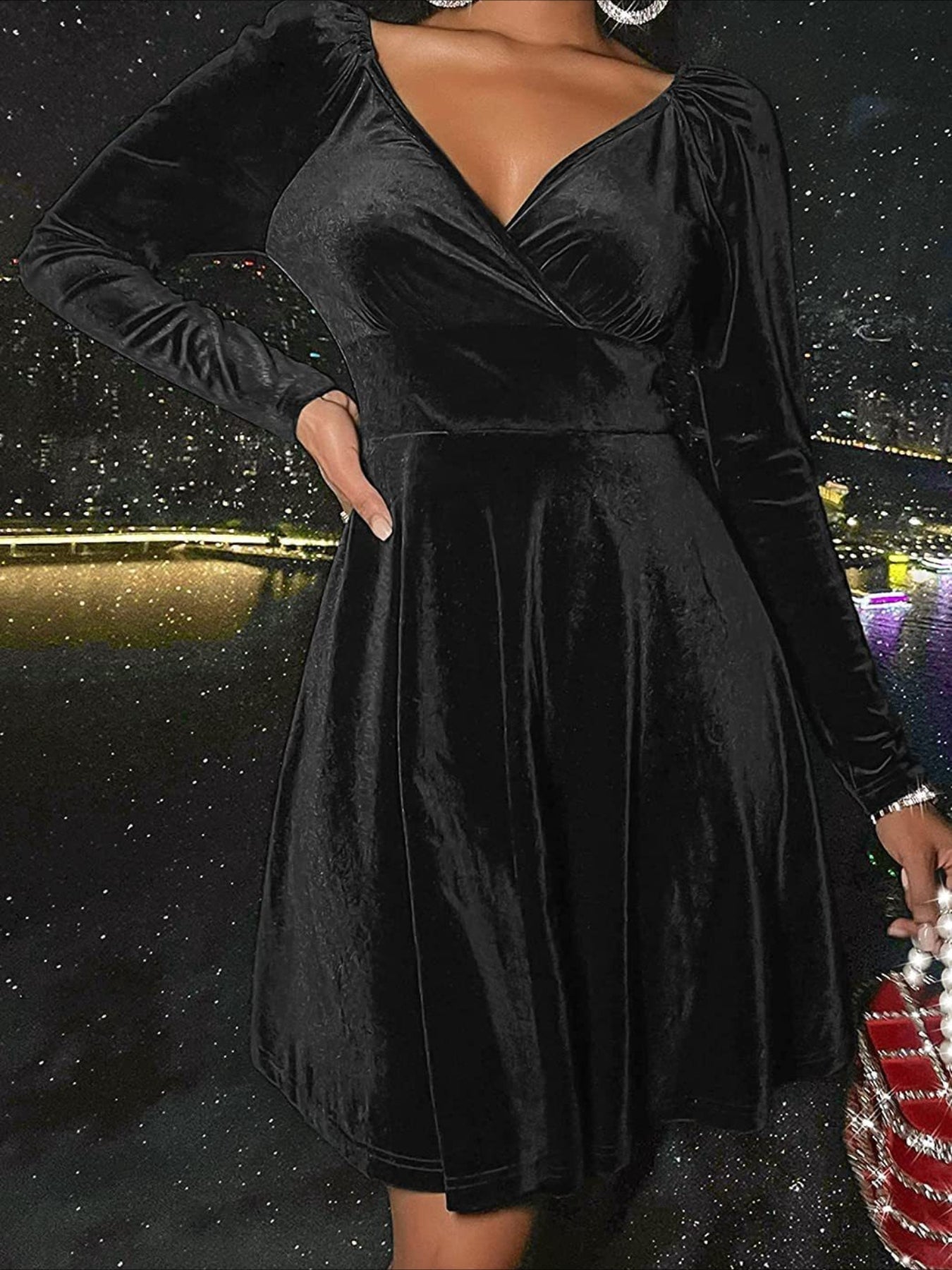 Plain Spring/Fall V Neck Long Sleeve A-Line Midi Dress