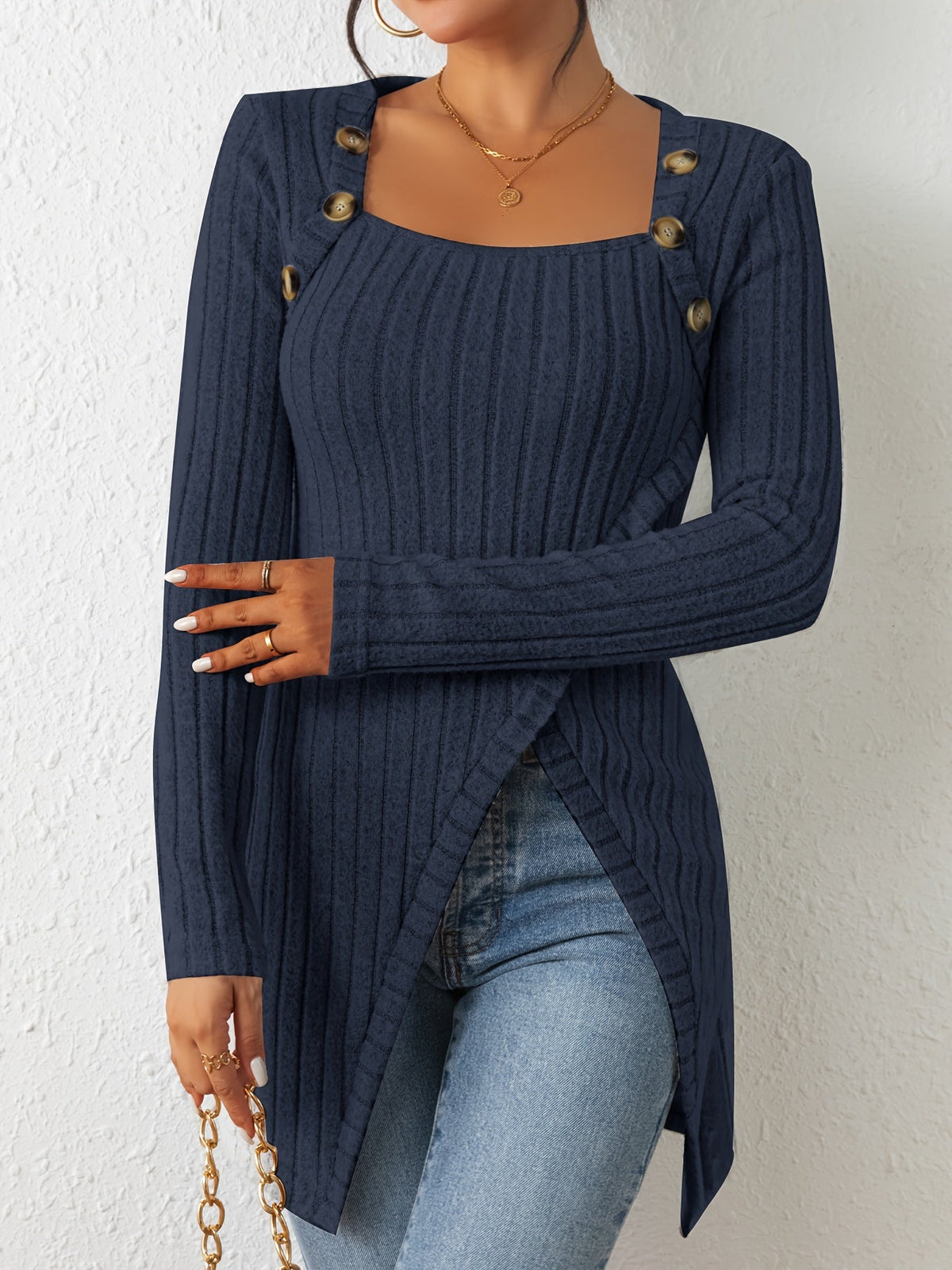 Button Decor Asymmetrical Hem T-Shirt, Casual Ribbed Long Sleeve Top