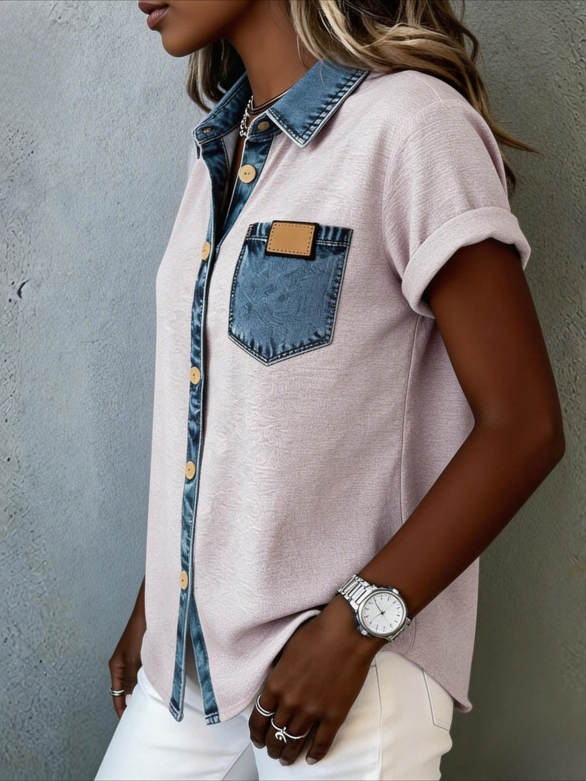 Fashion Short Sleeve Button-Up Blouse
