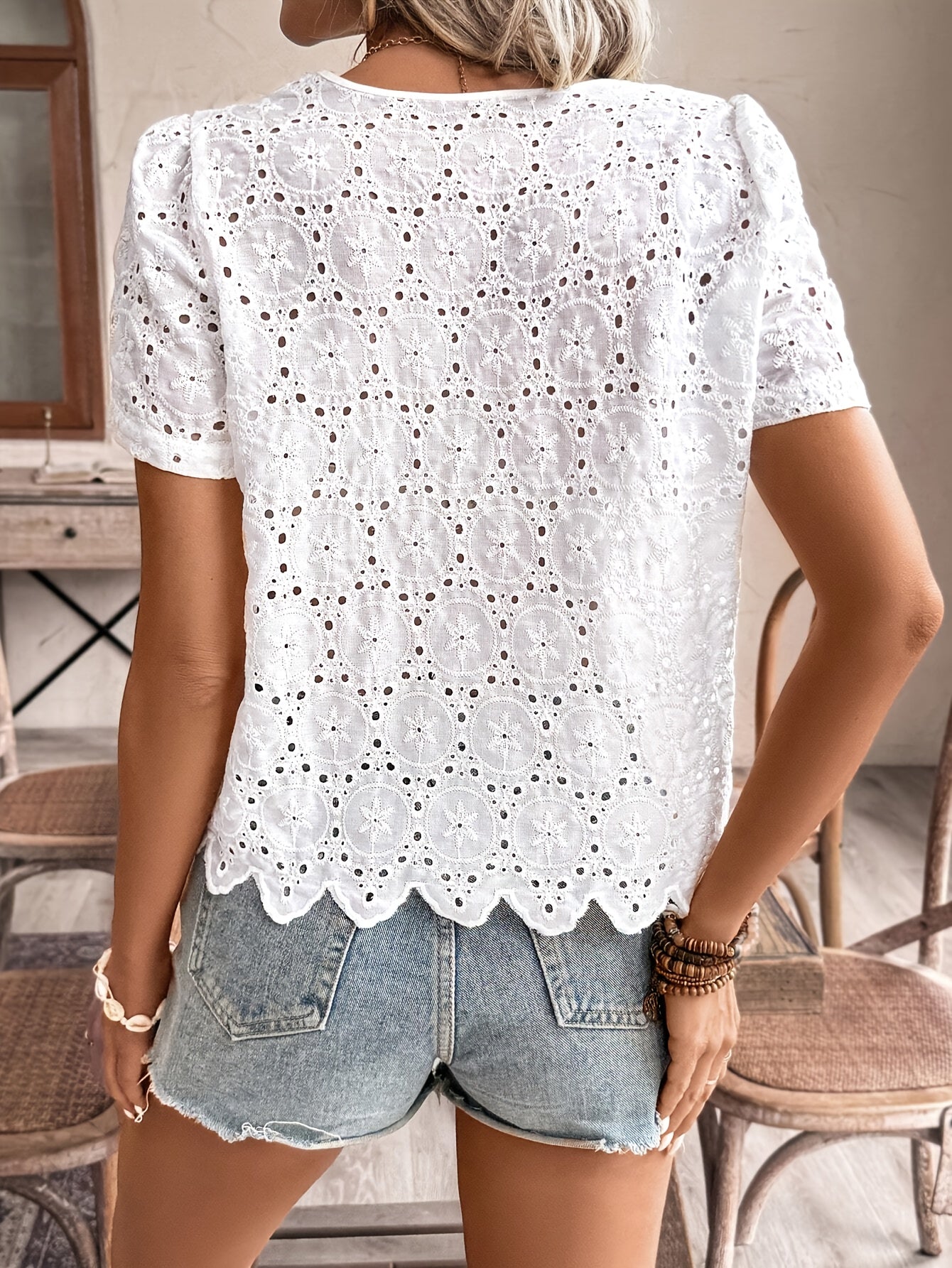 Short Sleeve Lace Detail Button-Up V-Neck Blouse with Floral Pattern