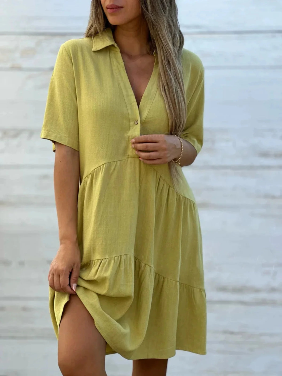 Linen Women's Summer Dress - Loose Fit, Short Sleeve, Lapel Collar, Button Front