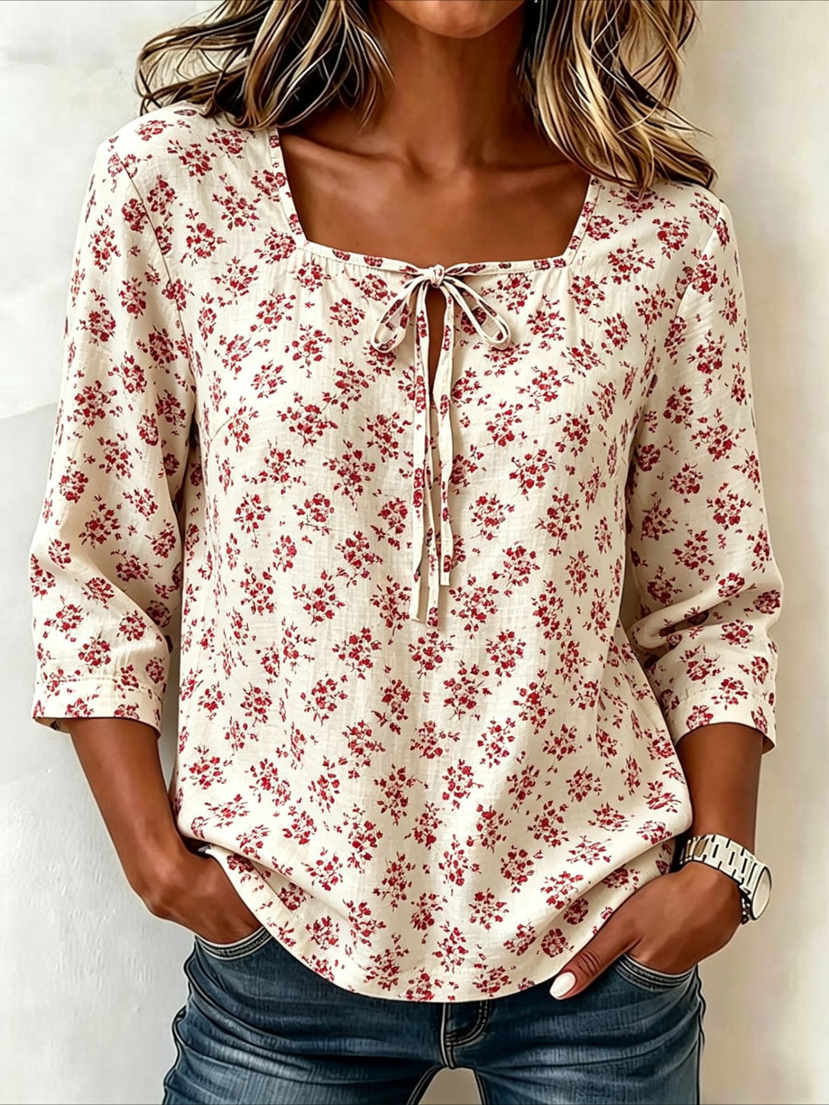 Floral Print Square Collar Lace up Seven Quarter Sleeve Top