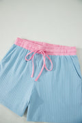 Mist Blue Soft Ribbed Color Block Trim Casual Short Set