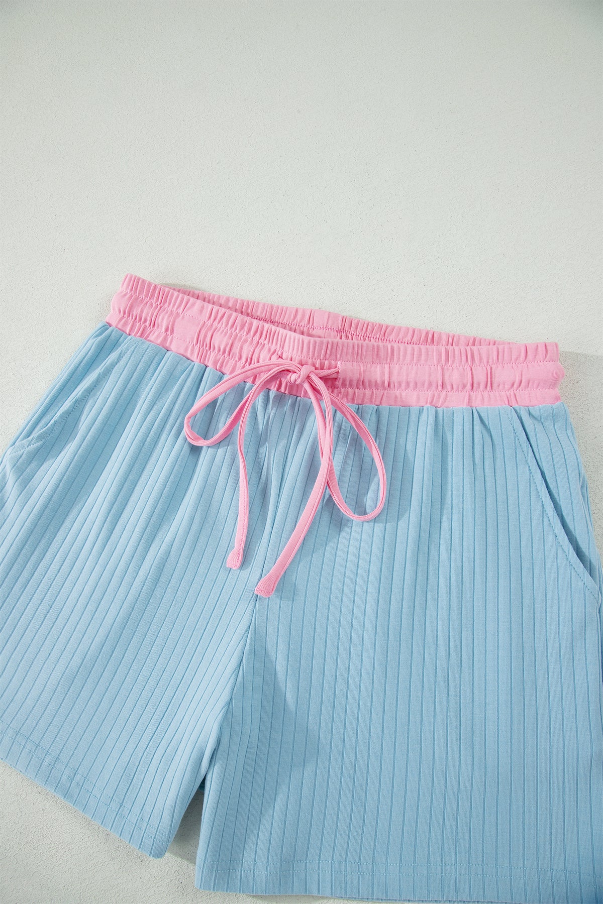 Mist Blue Soft Ribbed Color Block Trim Casual Short Set