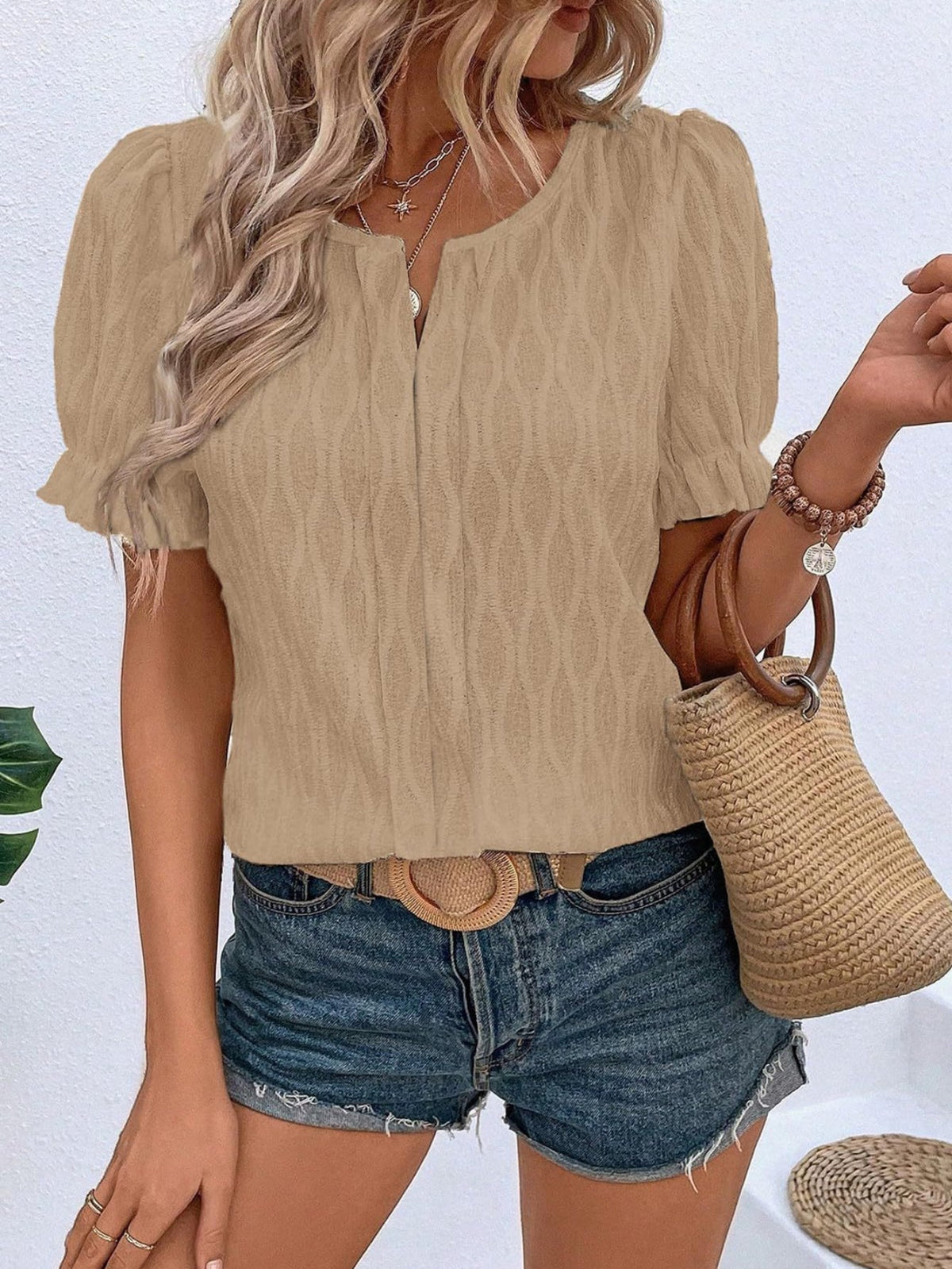 Solid Notched Neck Puff Sleeve Blouse