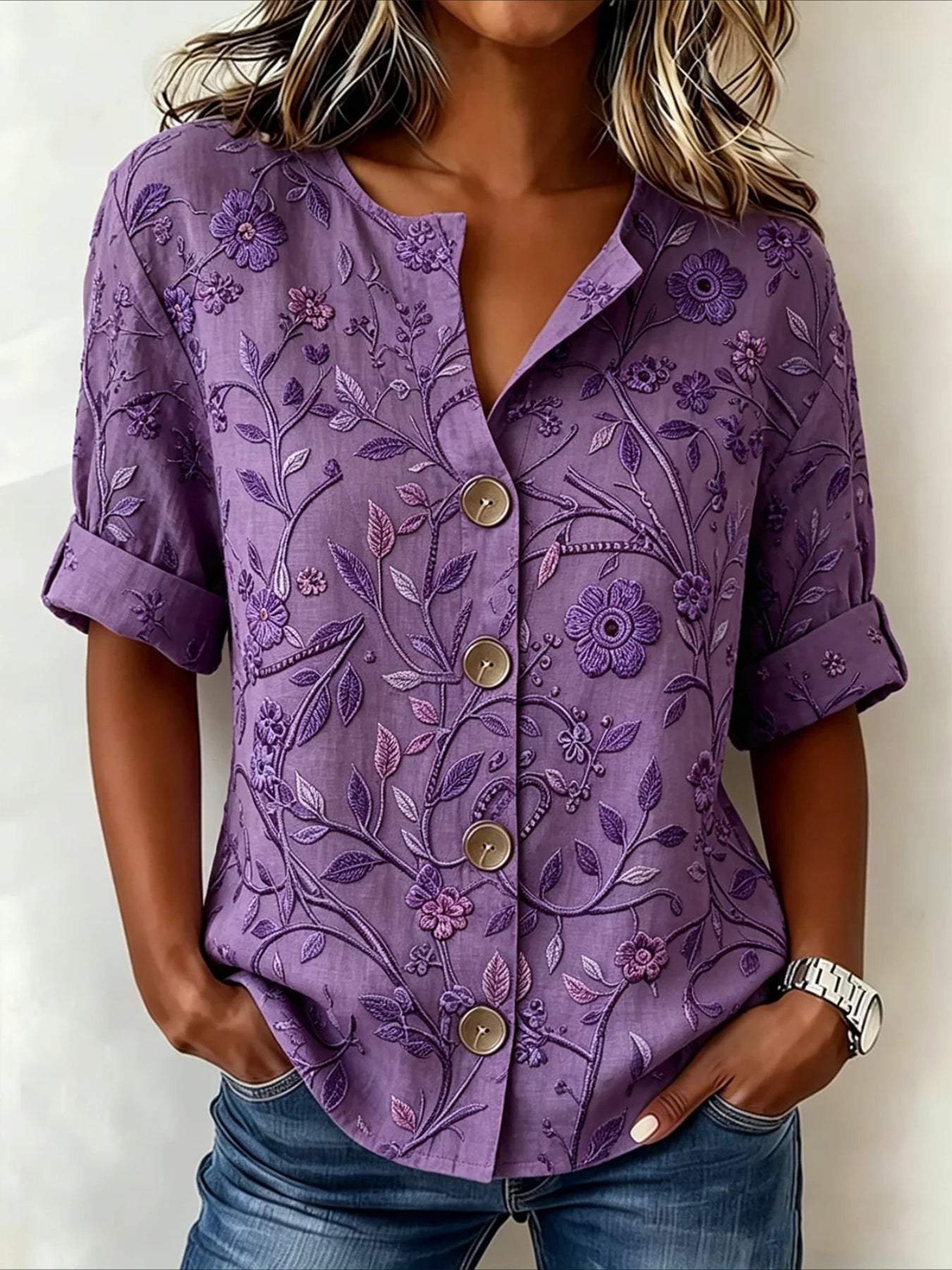 Floral Loose Stand Collar Simple Linen Blend Long Sleeve Shirt