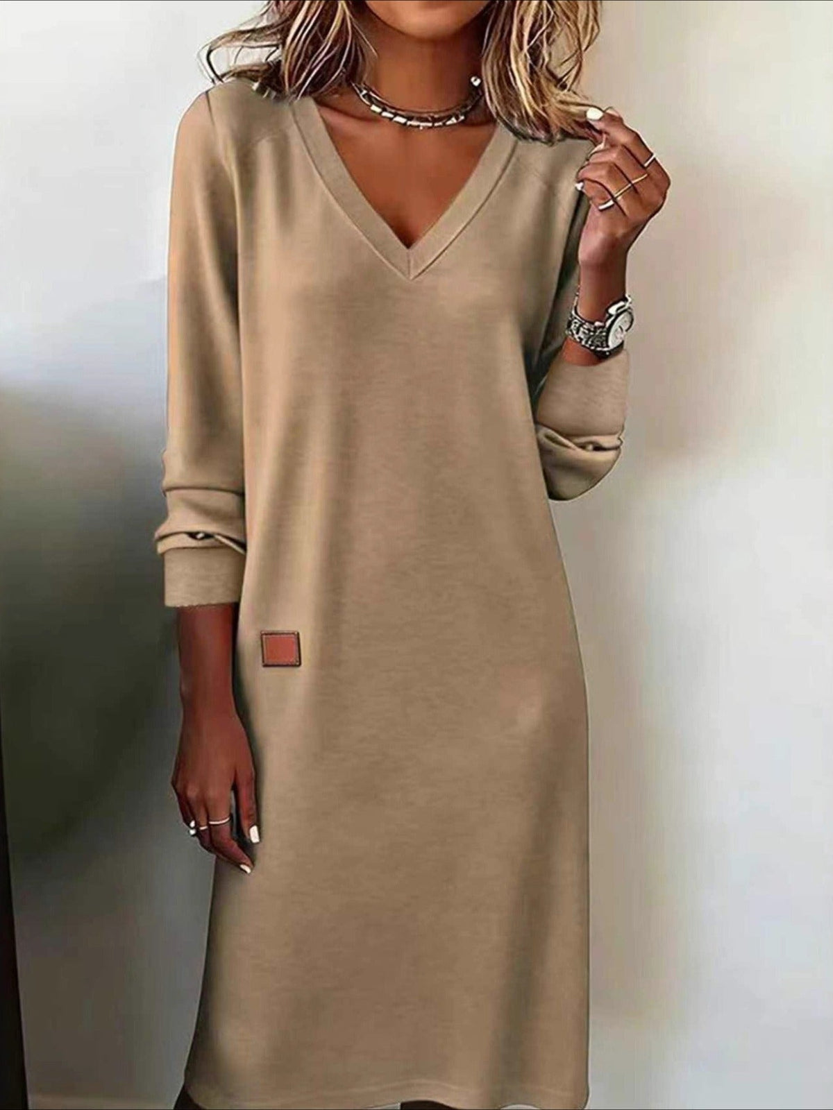 Plain Long Sleeve Spring/Fall Split Joint V Neck Daily Casual T-Shirt A-Line Maxi Dress