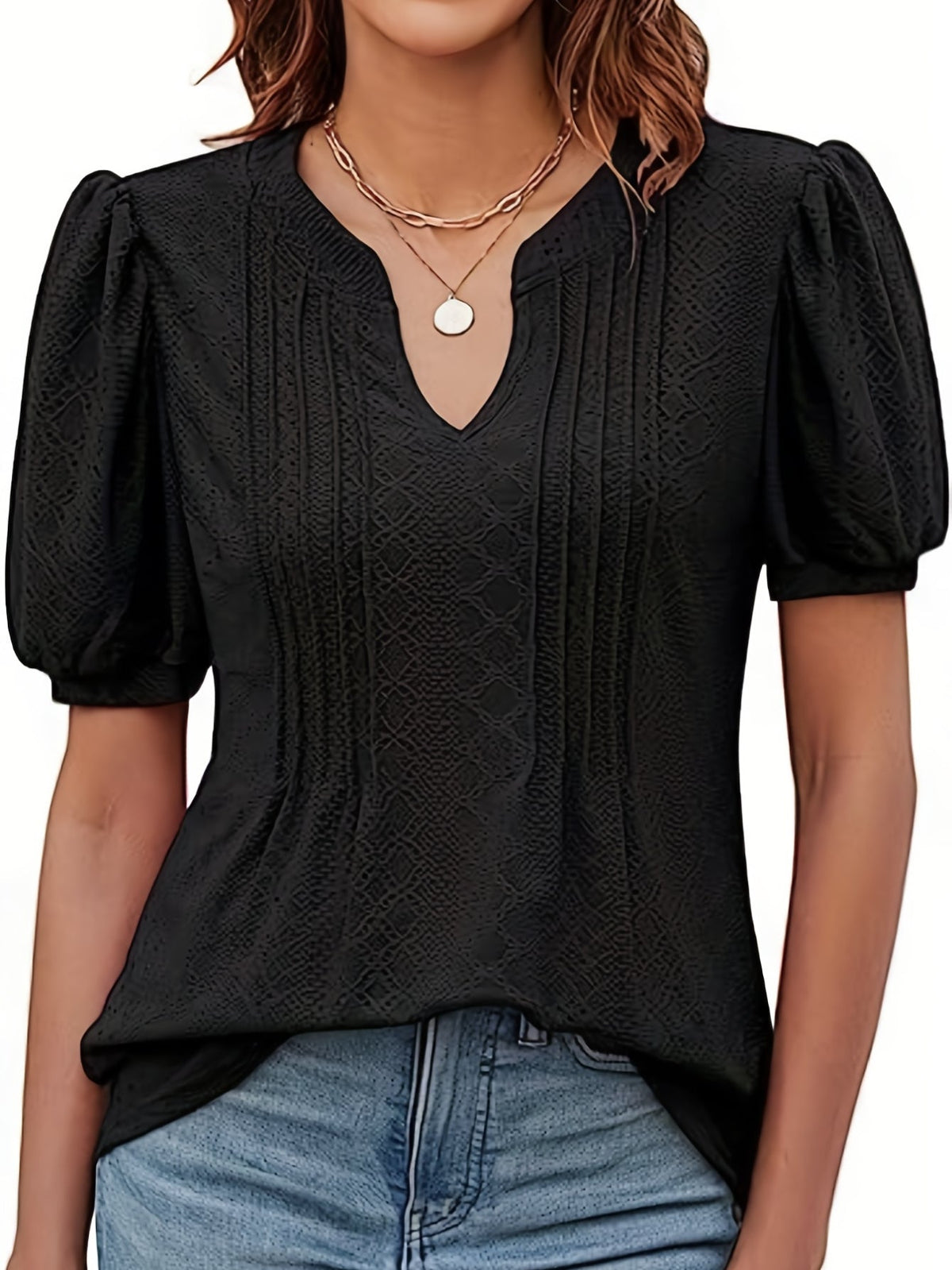 Women's Casual V-Neck Puff Sleeve T-Shirt - Soft and Comfortable Solid Tee