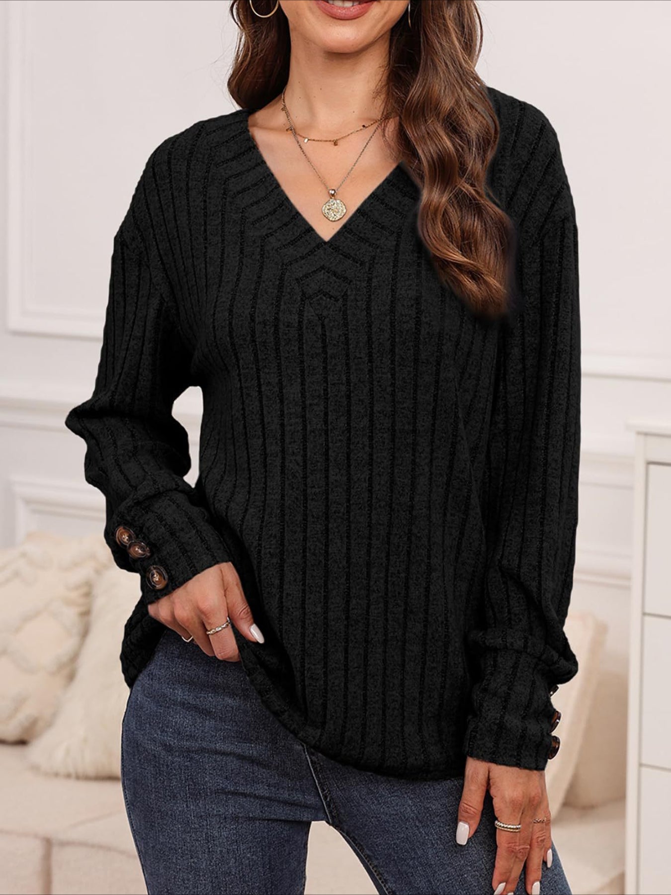 Womens Ribbed Button Detail T-Shirt - Fashionable V-Neck Long Sleeve Top