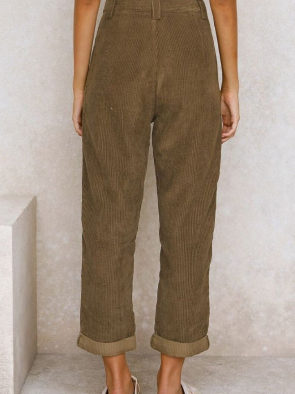 Women's High-Waist Corduroy Pants - Casual Solid Color, Loose Fit Straight Leg with Pockets