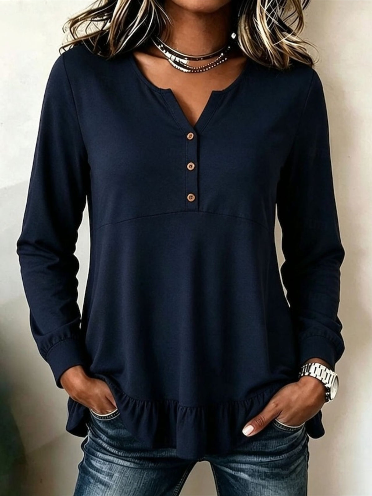 Ruffle Solid Color Plain Elegant Ladies Casual Long Sleeve Henry Collar Regular Tops