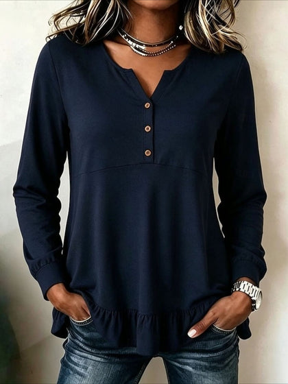 Ruffle Solid Color Plain Elegant Ladies Casual Long Sleeve Henry Collar Regular Tops