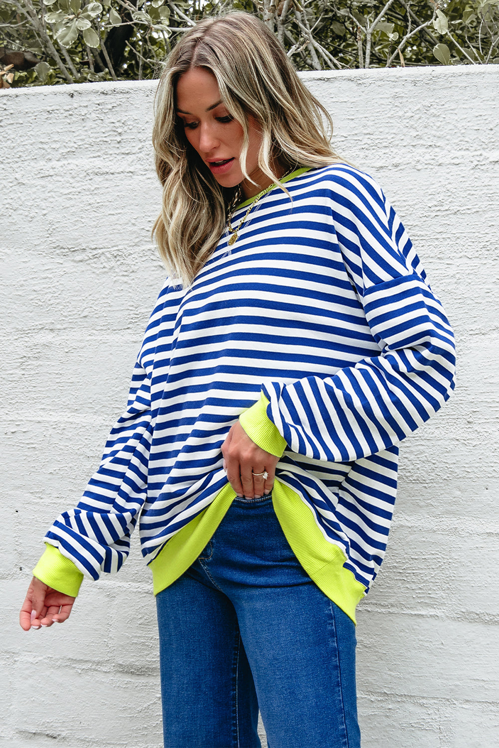 Sky Blue Stripe Striped Contrast Ribbed Trim Crossed Stitch Drop Shoulder Sweatshirt