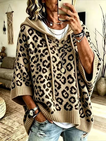 Leopard Pattern Hooded Knit Sweater with Batwing Sleeves