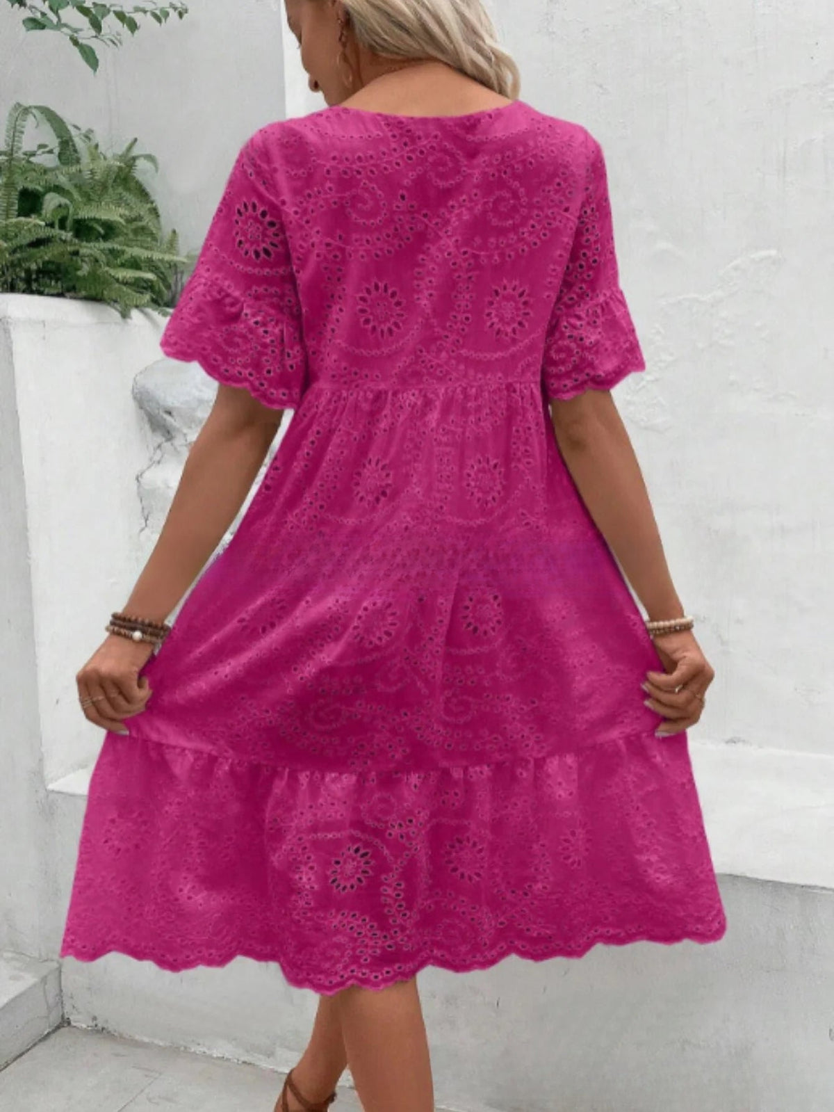 Embroidered Dress with a Hollowed-Out Lining in a Pure Color