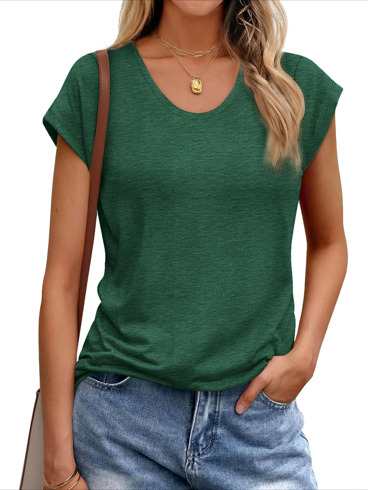 Solid Color Round Neck Cap Sleeve T Shirts