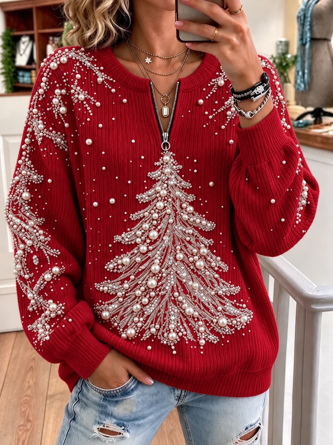 Christmas Tree Printed Pattern Zipper Long Sleeve Pullover Sweater