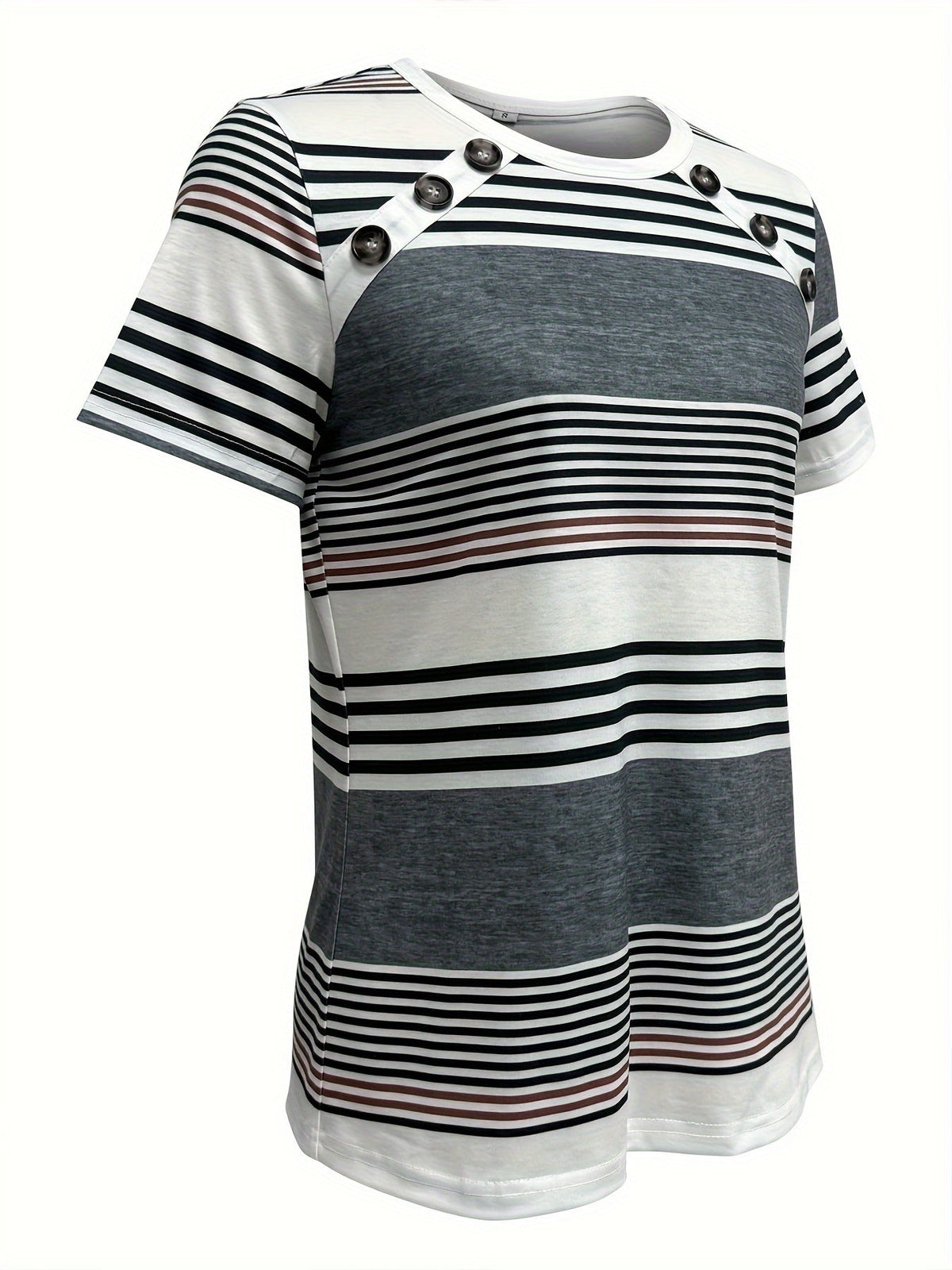 Button Front Vibrant Striped Short Sleeve Crew Neck T-Shirt