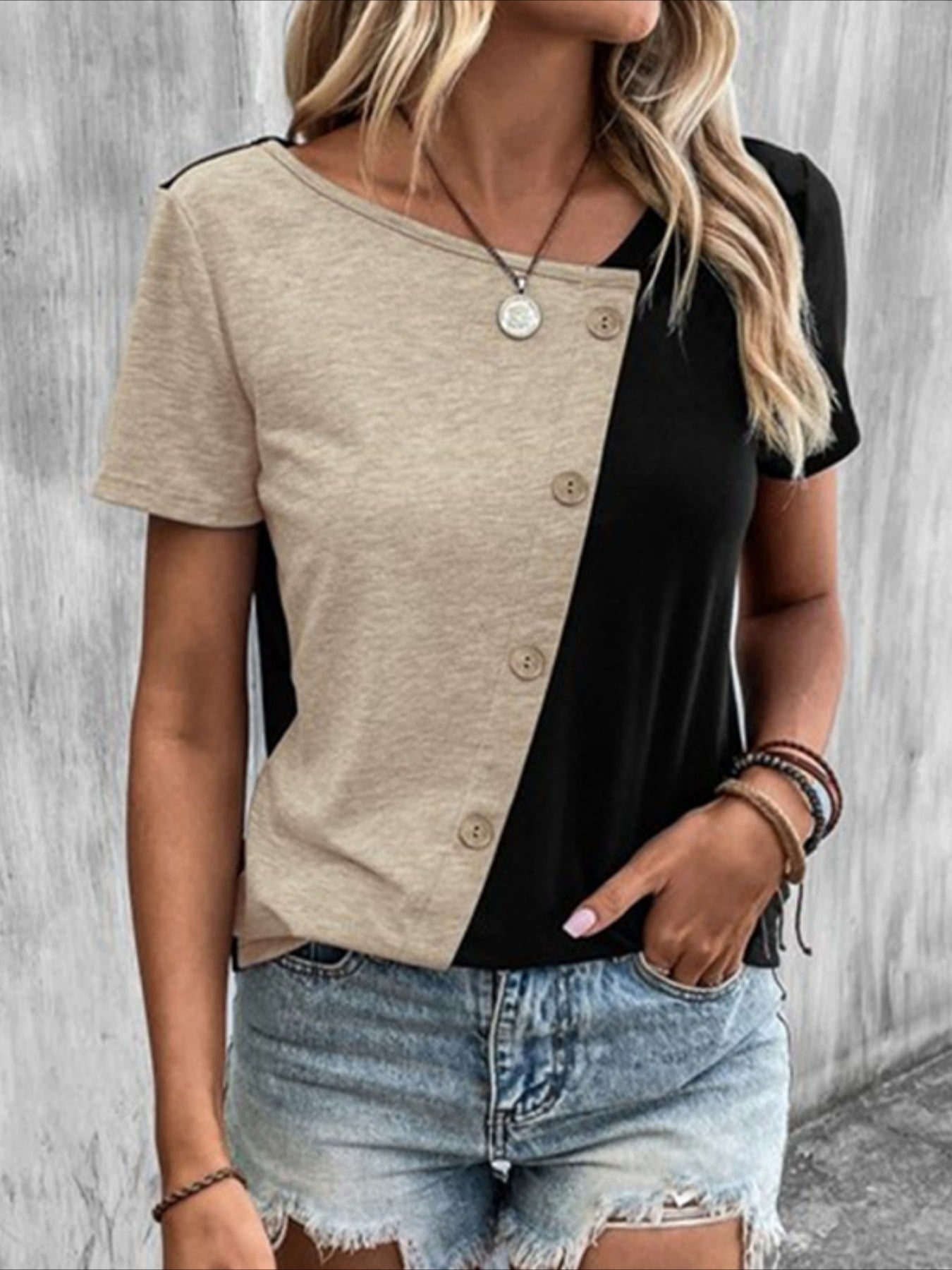 Color Block Asymmetrical Neck T-Shirt - Casual Short Sleeve Top