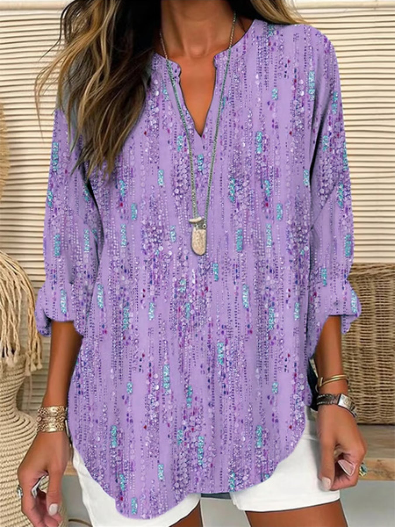 Abstract Long Sleeve Blouse Spring/Fall Printing V Neck Daily Casual Top