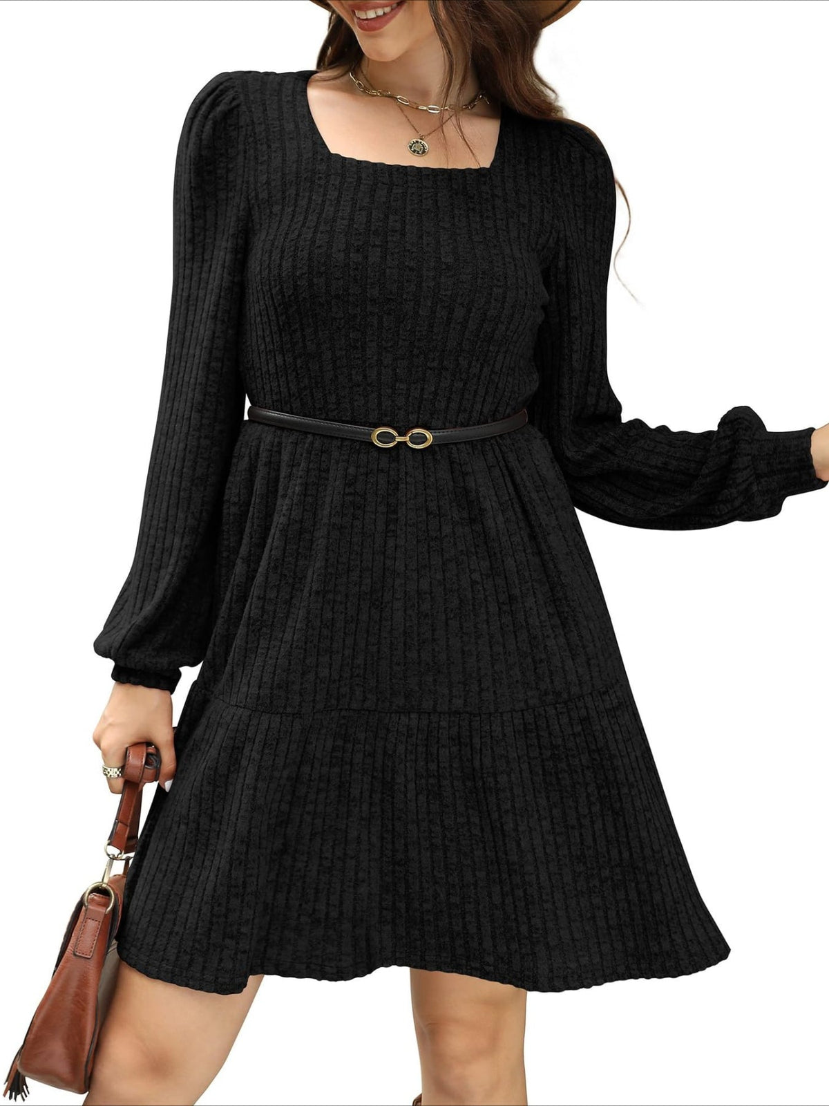 Square Neck Long Sleeve Dress with Pockets