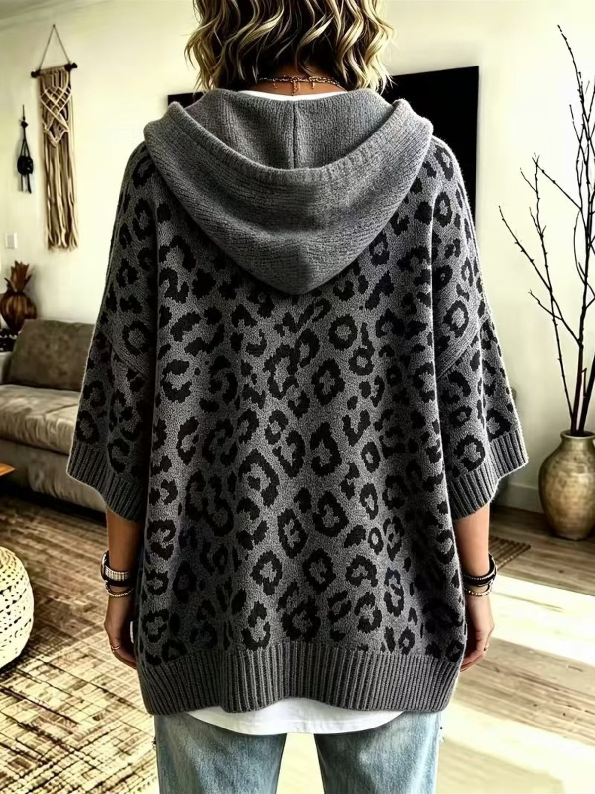 Leopard Pattern Hooded Knit Sweater with Batwing Sleeves
