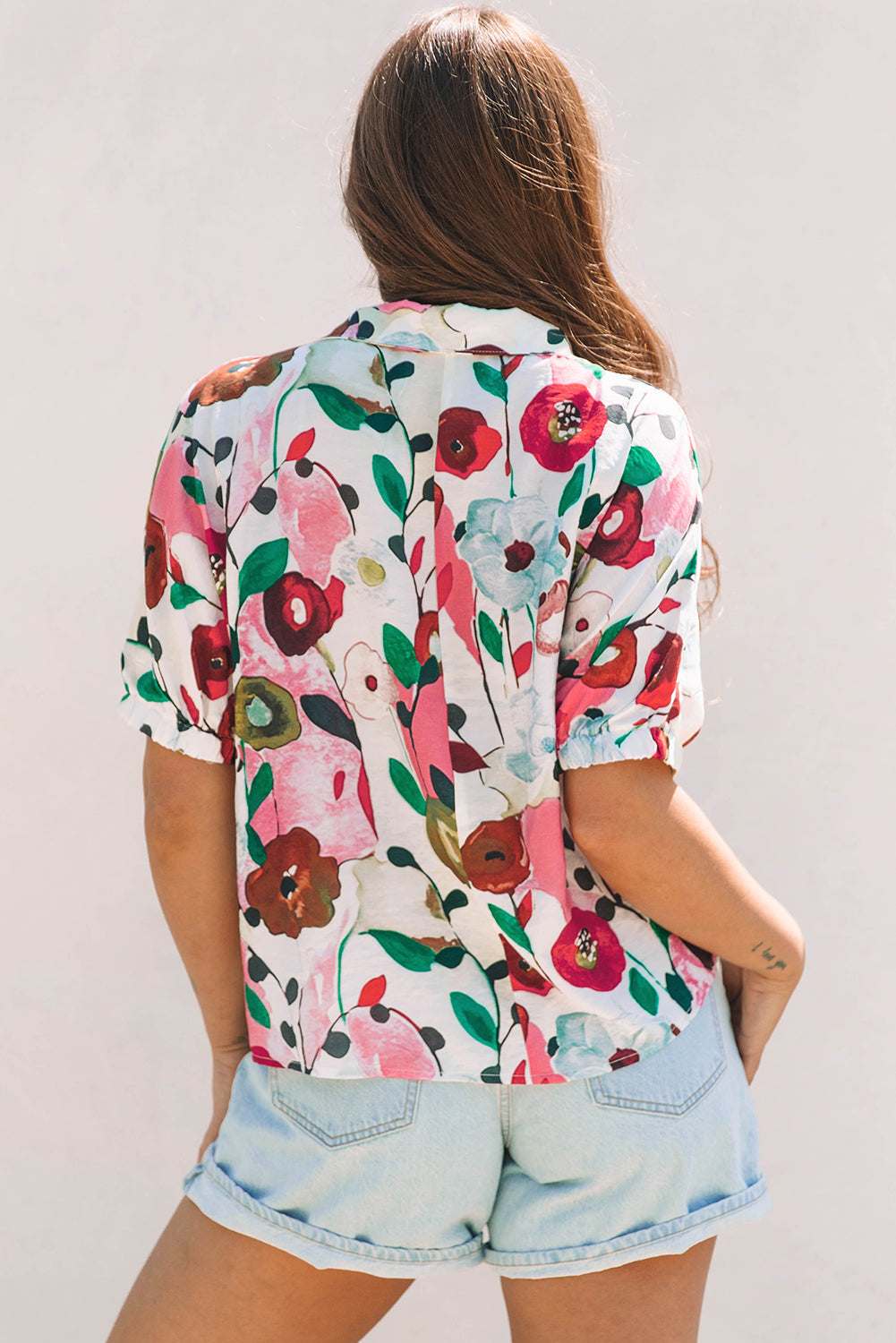Pink Floral Print Slit V Neck Short Sleeve Blouse