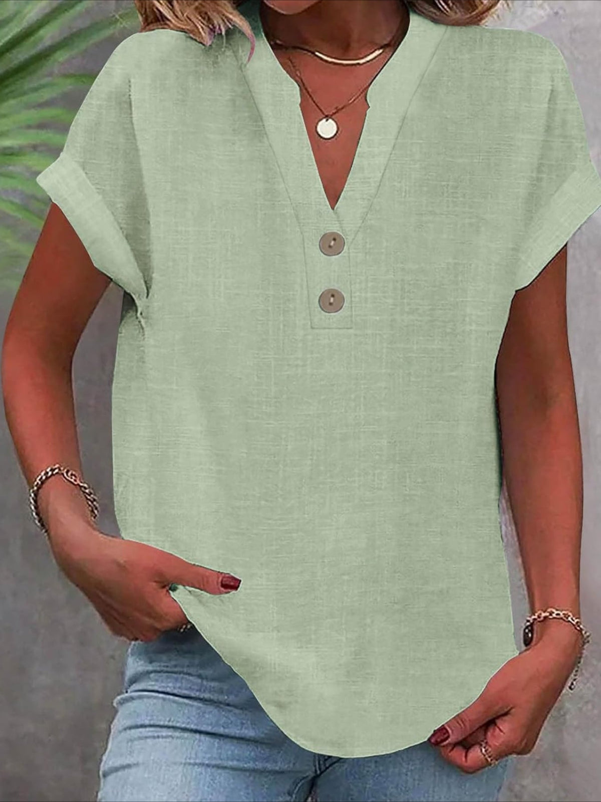 Solid Color V Neck Short Sleeve Button Down T Shirts