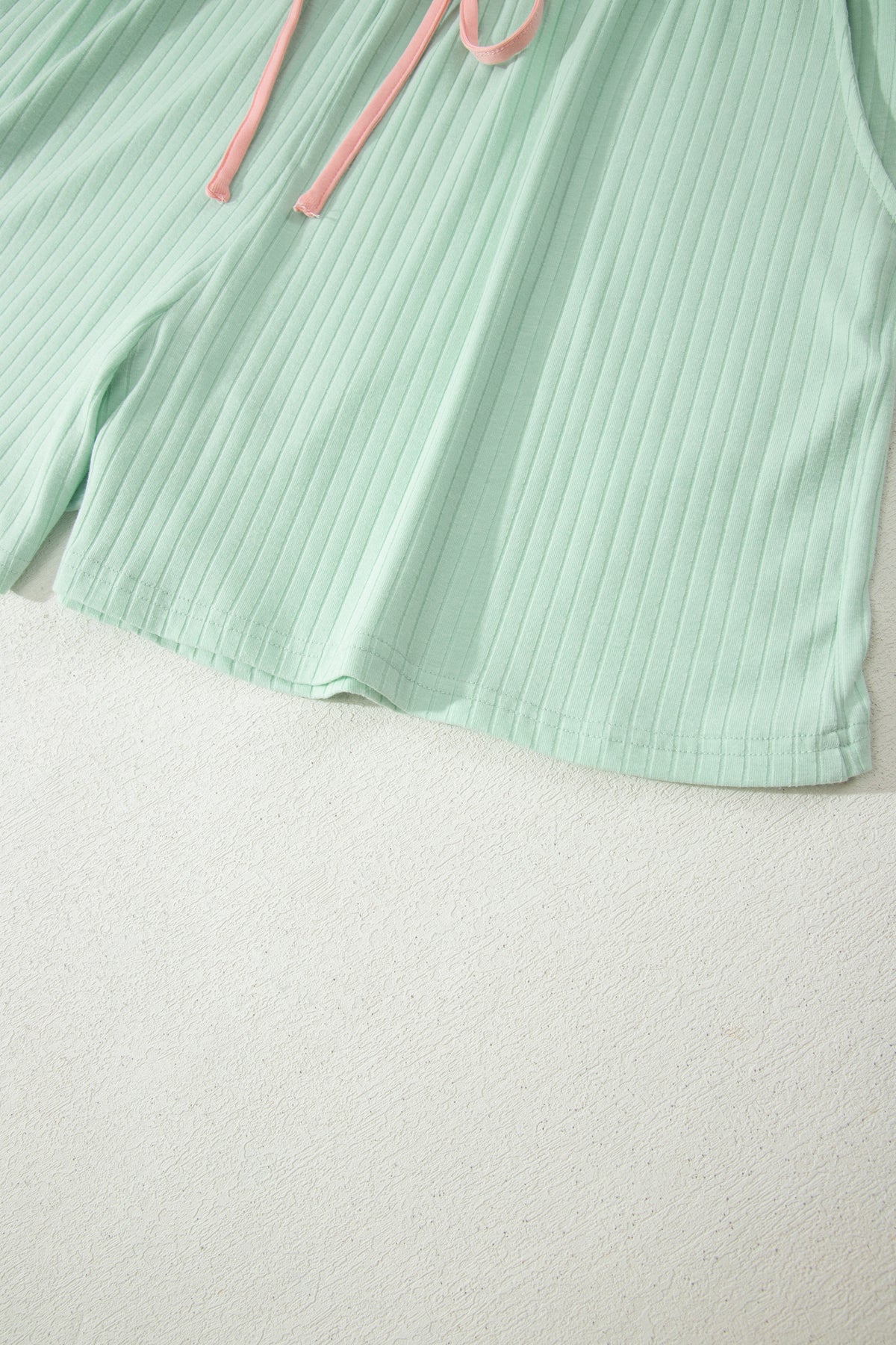 Clearly Aqua Plus Size Ribbed Color Block Trim Drawstring Shorts 2pcs Set