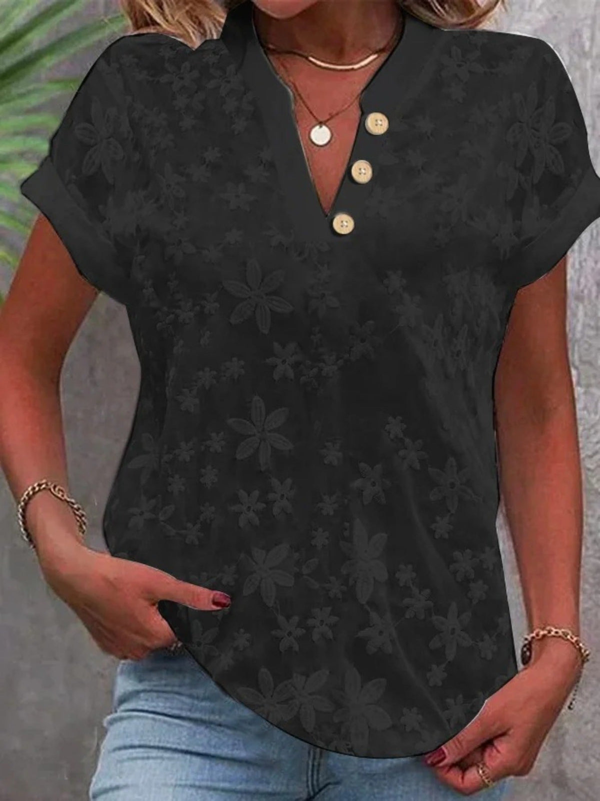 V-Neckline Comfortable Short Sleeves Classic Button Front Closure Relaxed Fit Embroidered Blouse