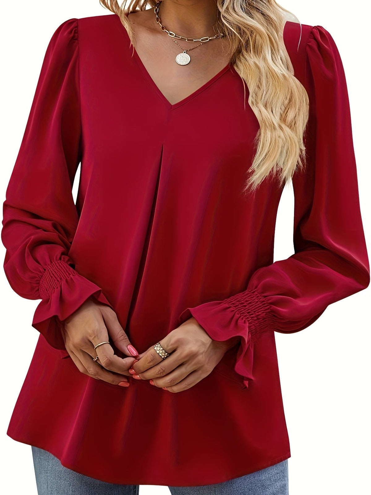 Solid V Neck Simple Blouse, Elegant Long Sleeve Ruched Blouse