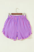 Rose Stripe Elastic Waist Ruffle Trim Casual Shorts