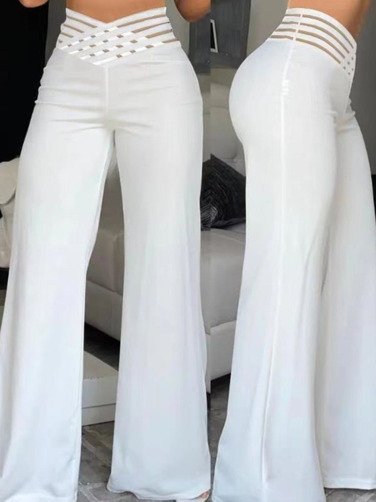 Elegant High-Waist Cross Detail Transparent Mesh Patchwork Pants