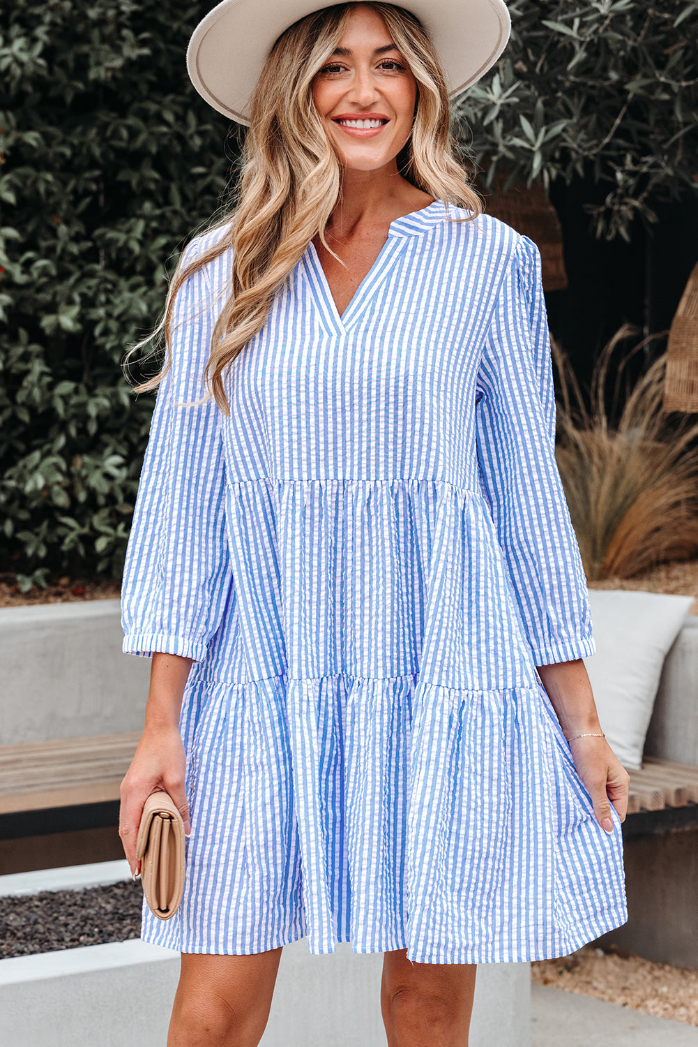 Sky Blue Stripe Bracelet Sleeve Tiered Shift Dress with Pockets