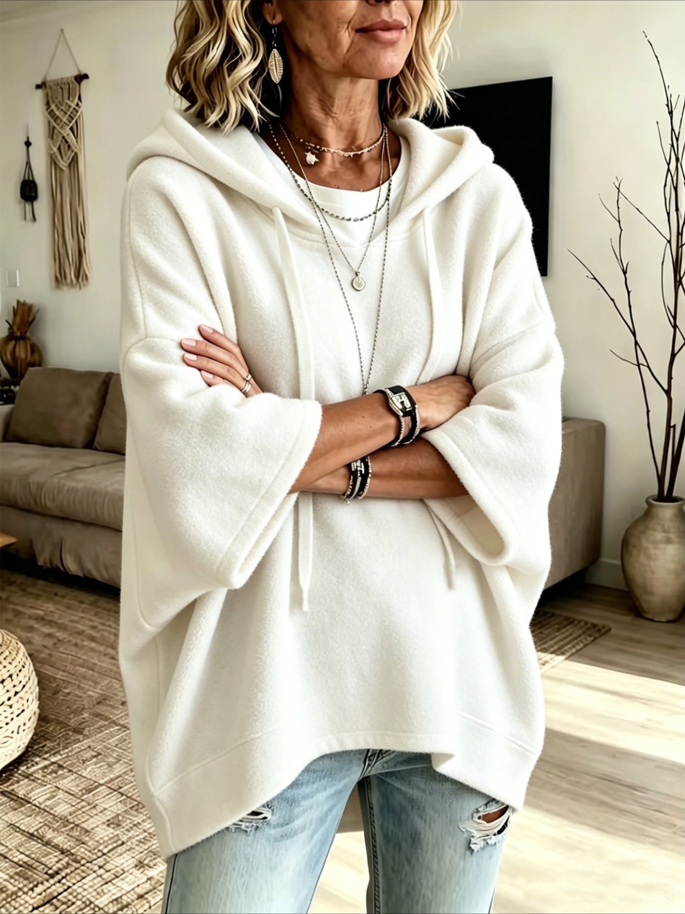 Loose 3/4 Sleeve Hooded Drawstring Bat-sleeved Sweatshirt