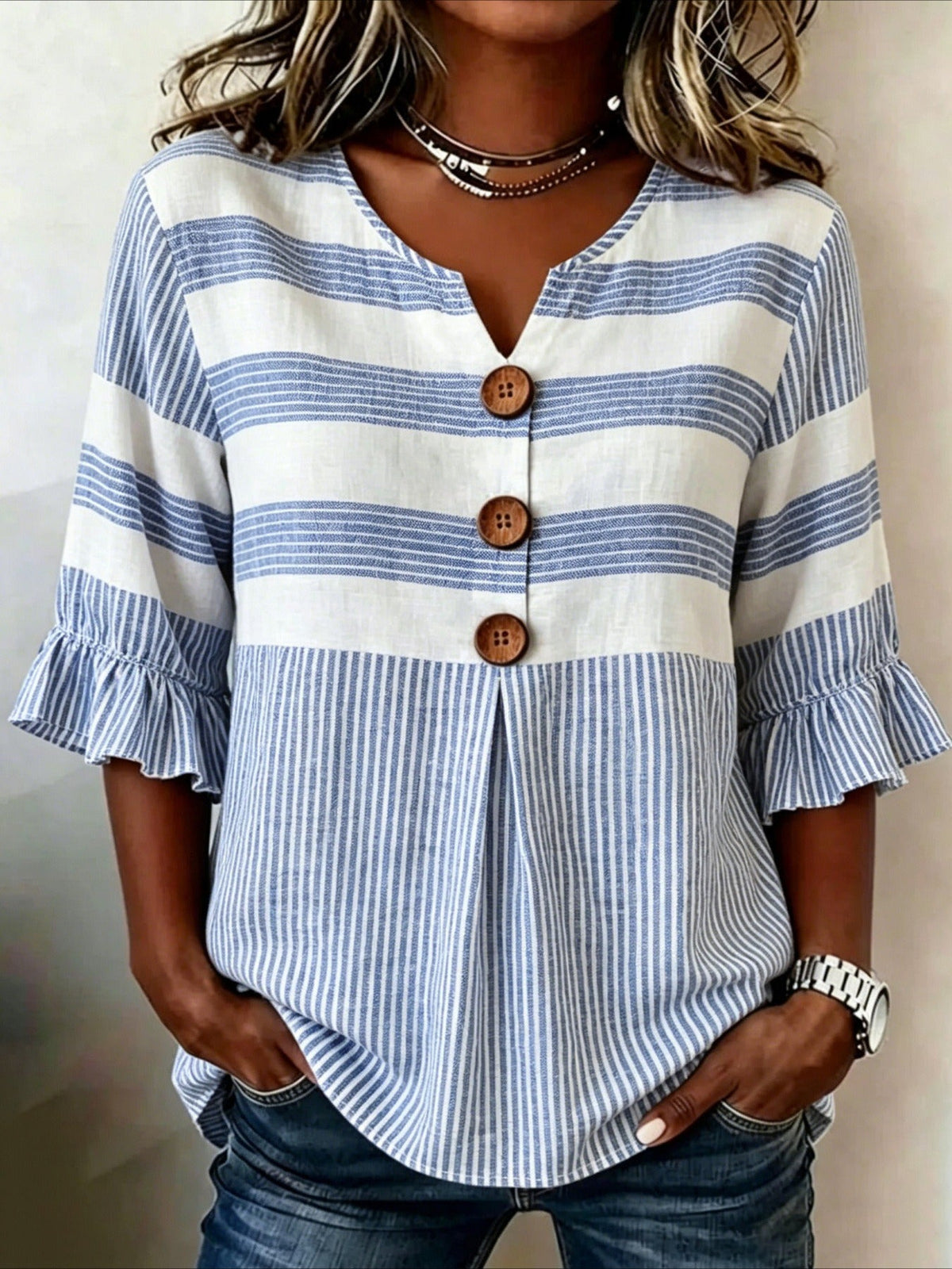 Striped Print V Neck Button Short Ruffle Sleeve Casual Top