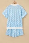 Sky Blue Polka Dot Print Color Block Trim Mock Neck Short Set