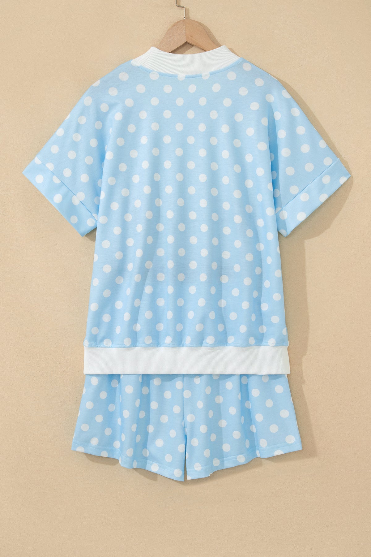 Sky Blue Polka Dot Print Color Block Trim Mock Neck Short Set