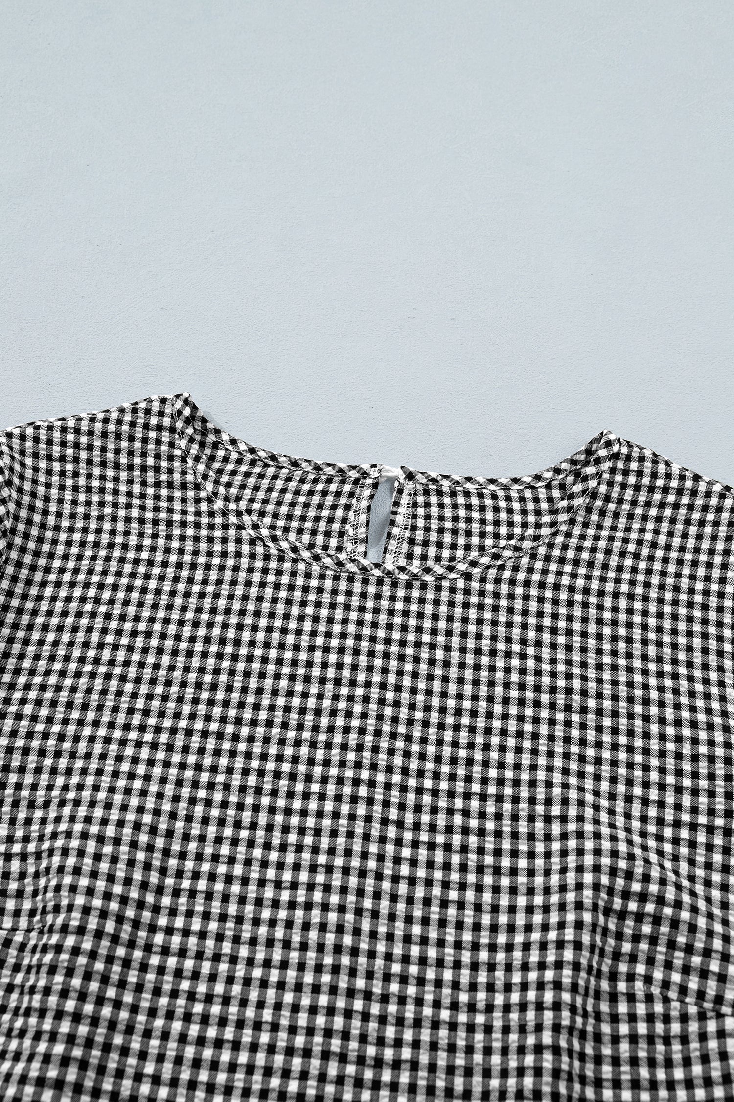 Black Plaid Bow Ruffled Half Sleeve Round Neck Blouse