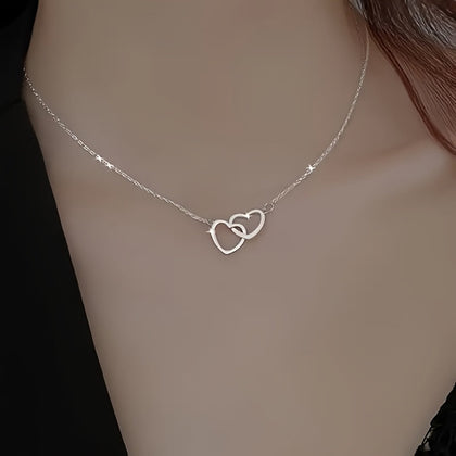 Simple Elegant Hollow Heart Pendant Necklace, Alloy Double Loop Design, Fashionable Daily Wear Jewelry, Ideal Valentine'S Day Gift for Her