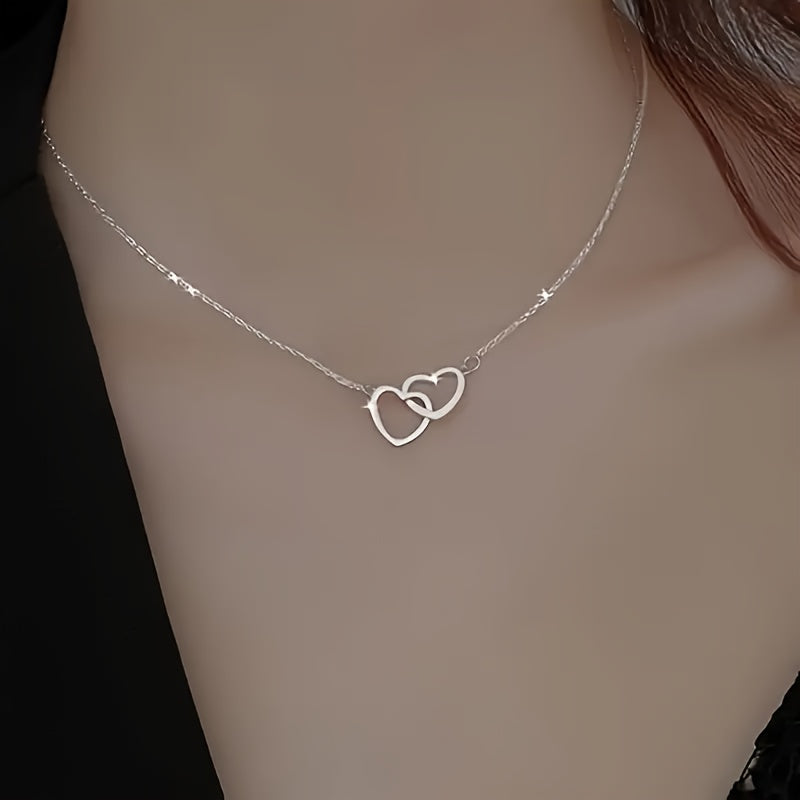 Simple Elegant Hollow Heart Pendant Necklace, Alloy Double Loop Design, Fashionable Daily Wear Jewelry, Ideal Valentine'S Day Gift for Her
